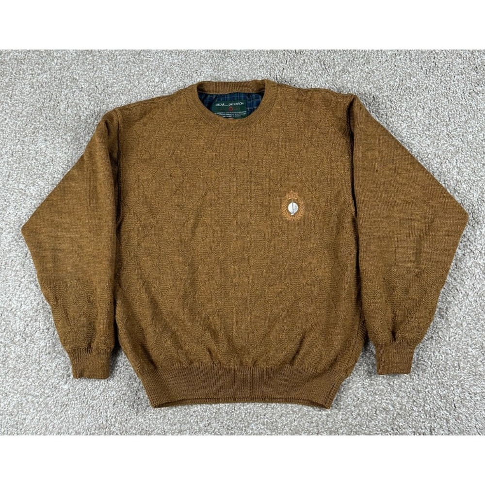 Oscar Jacobson Wool Sweater Mens Medium Brown Wind Stopper Lined Golf Club Logo‎